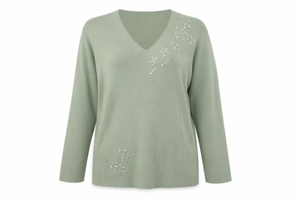 Bonmarché Womens Green V-Neck Viscose Pullover Jumper Size XL