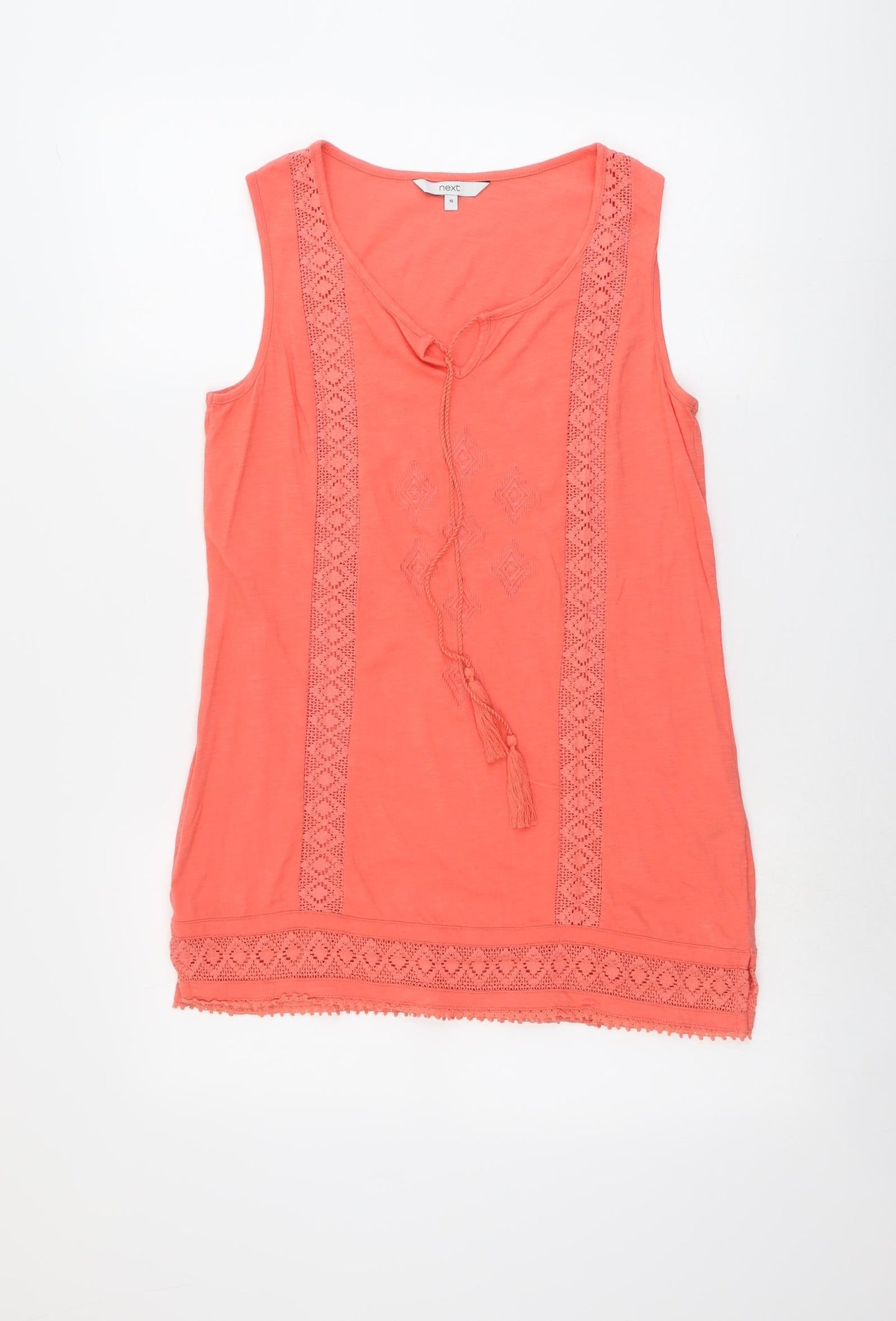 NEXT Womens Orange Cotton Basic Tank Size 10 Round Neck - Lace Details