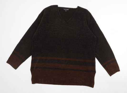 Debbie Morgan Womens Brown V-Neck Striped Acrylic Pullover Jumper Size M - Size M/L