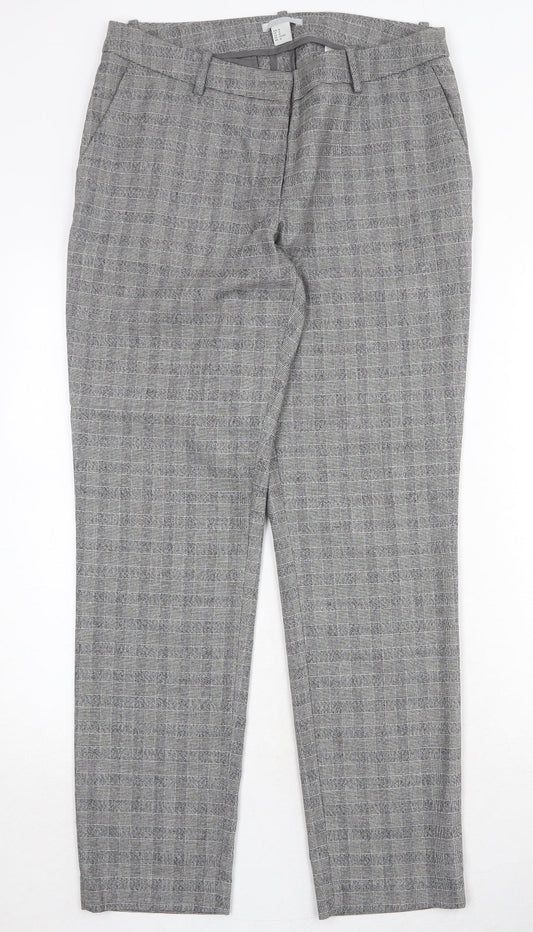H&M Womens Grey Plaid Polyester Chino Trousers Size 14 Regular Zip