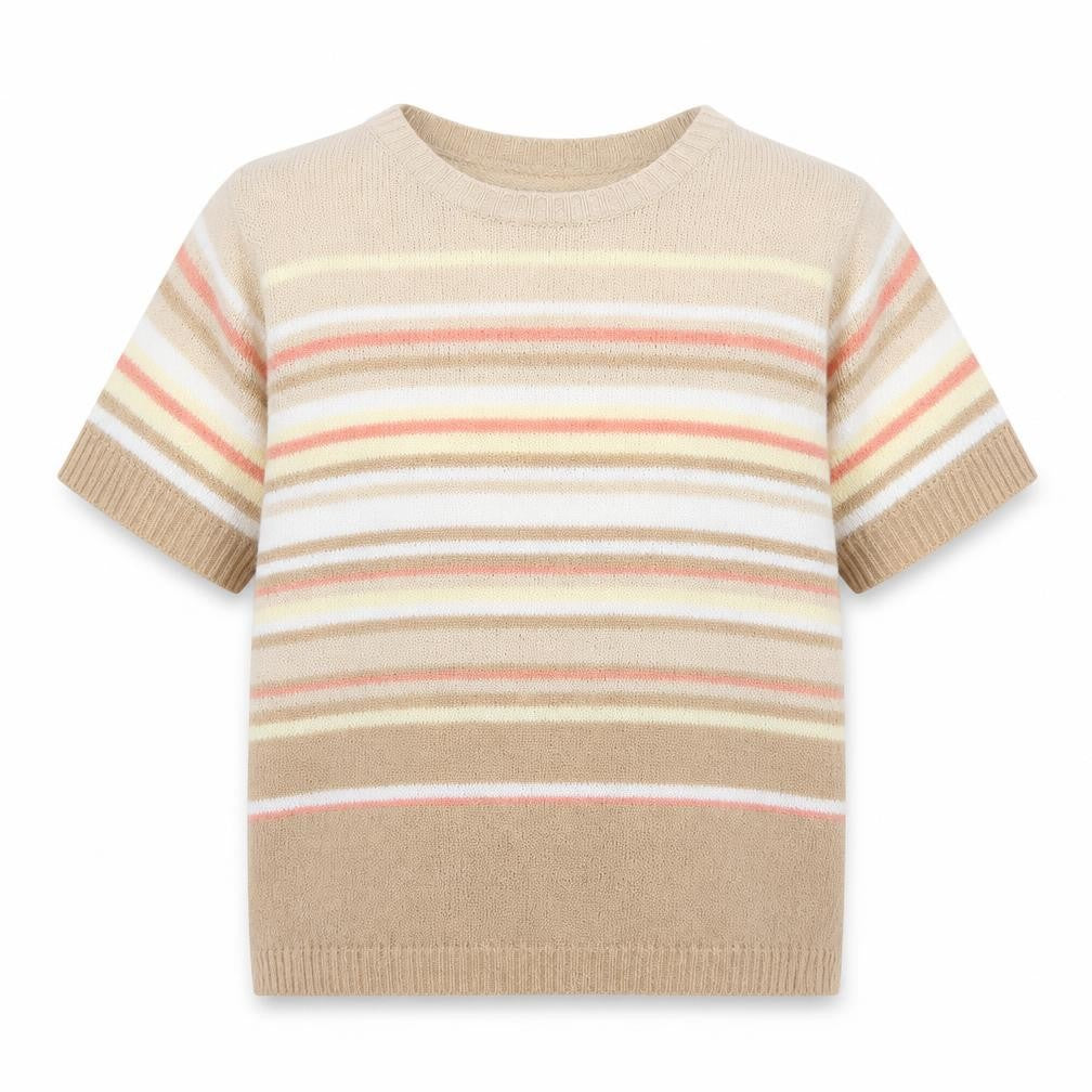 EWM Womens Beige Round Neck Striped Acrylic Pullover Jumper Size M