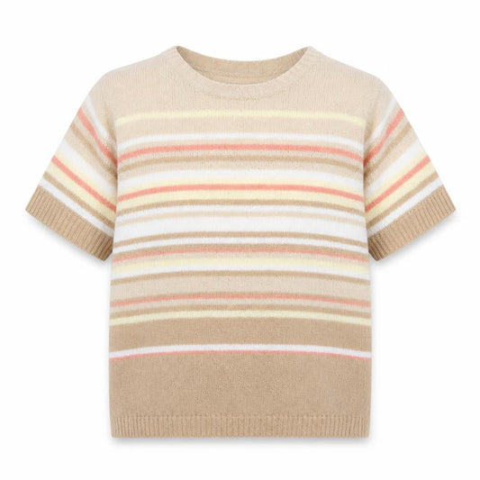 EWM Womens Beige Round Neck Striped Acrylic Pullover Jumper Size M
