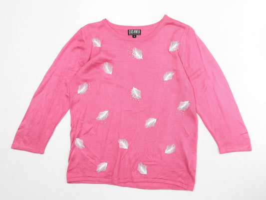 CASAMIA Womens Pink Round Neck Geometric Acrylic Pullover Jumper Size S - Feathers Print