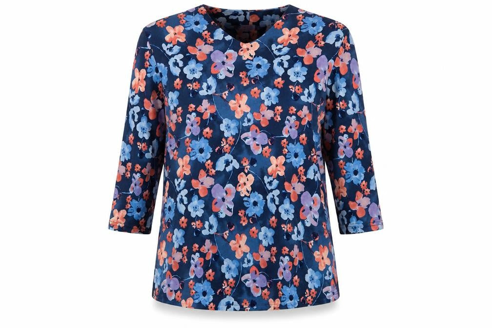 EWM Womens Blue V-Neck Floral Polyester Pullover Jumper Size 14