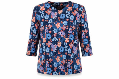 EWM Womens Blue V-Neck Floral Polyester Pullover Jumper Size 14