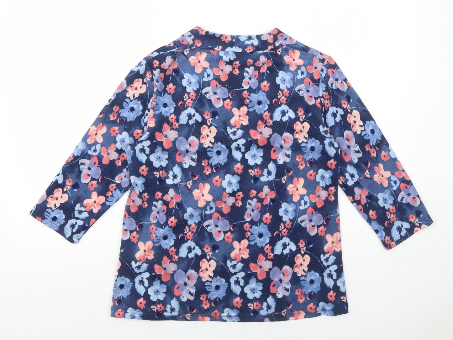 EWM Womens Blue V-Neck Floral Polyester Pullover Jumper Size 14