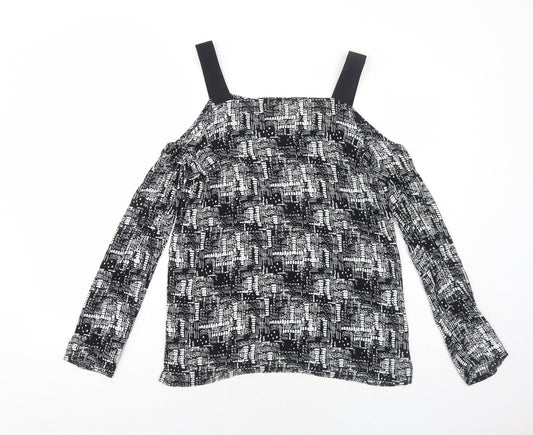 Sparkle & Fade Womens Black Geometric Viscose Basic Blouse Size M Square Neck - Cold Shoulder