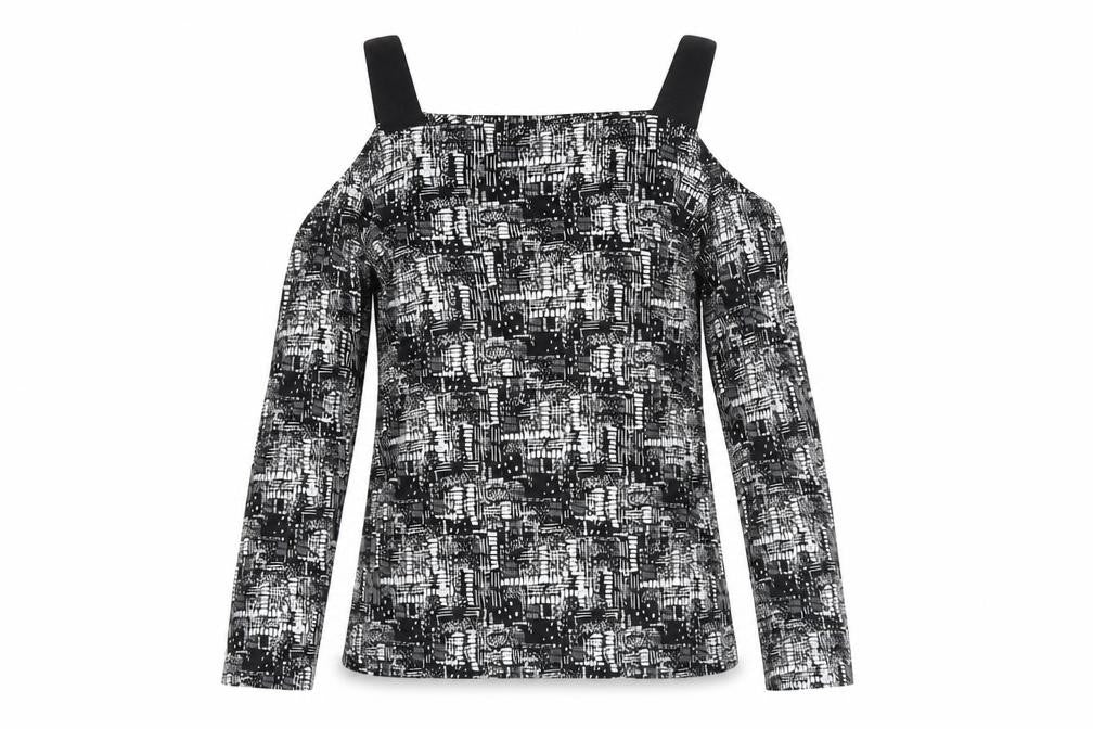 Sparkle & Fade Womens Black Geometric Viscose Basic Blouse Size M Square Neck - Cold Shoulder