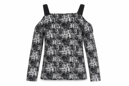 Sparkle & Fade Womens Black Geometric Viscose Basic Blouse Size M Square Neck - Cold Shoulder