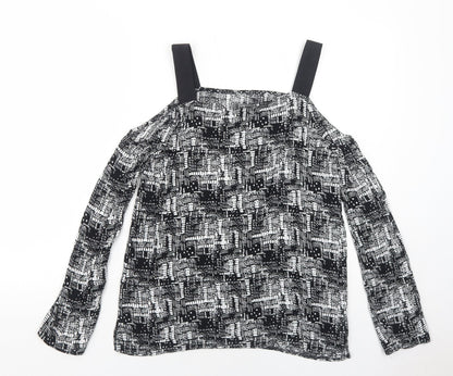 Sparkle & Fade Womens Black Geometric Viscose Basic Blouse Size M Square Neck - Cold Shoulder