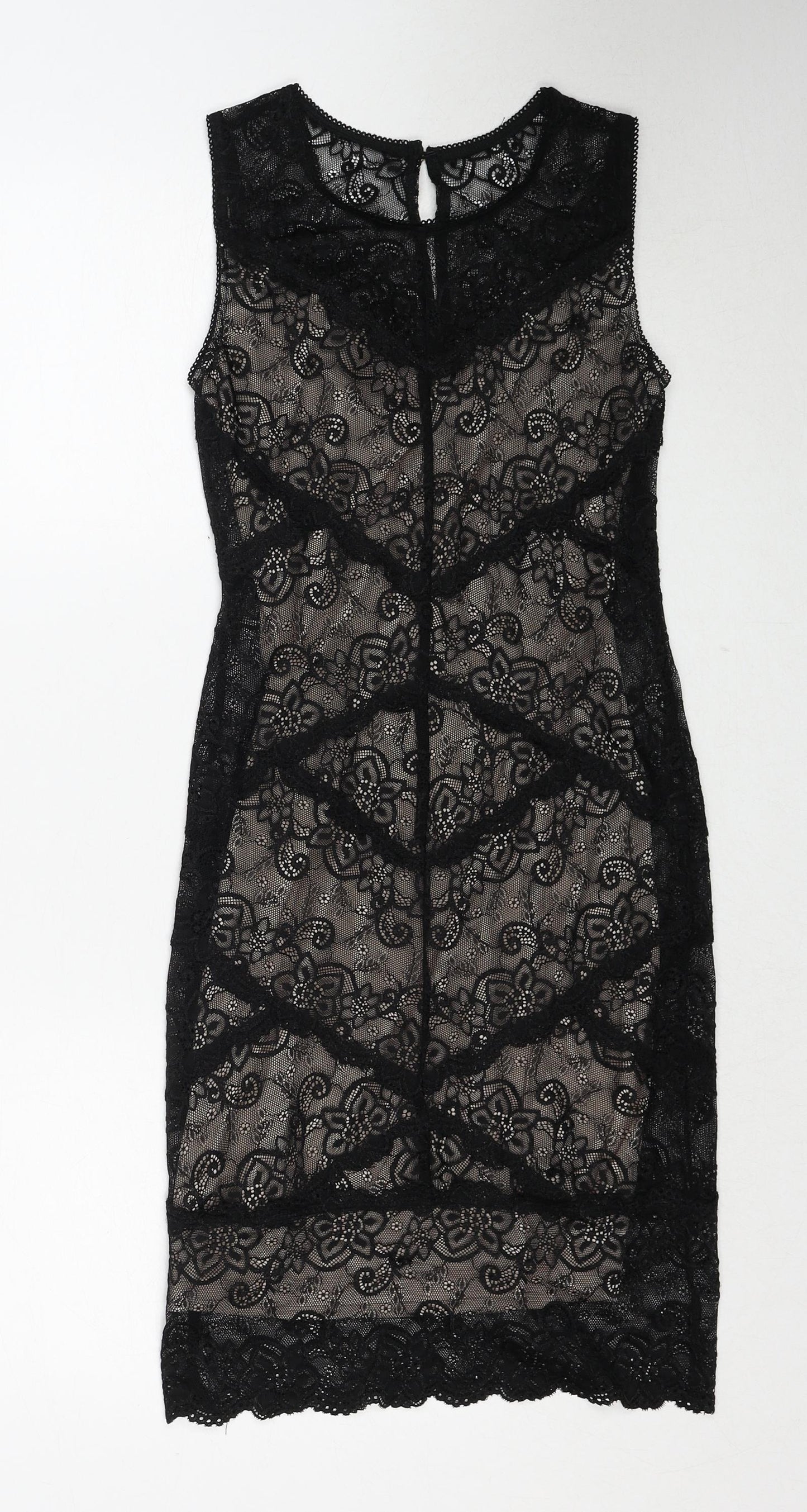 Oasis Womens Black Geometric Polyamide A-Line Size XS Round Neck Button