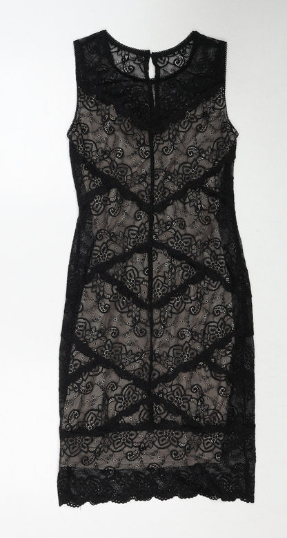 Oasis Womens Black Geometric Polyamide A-Line Size XS Round Neck Button