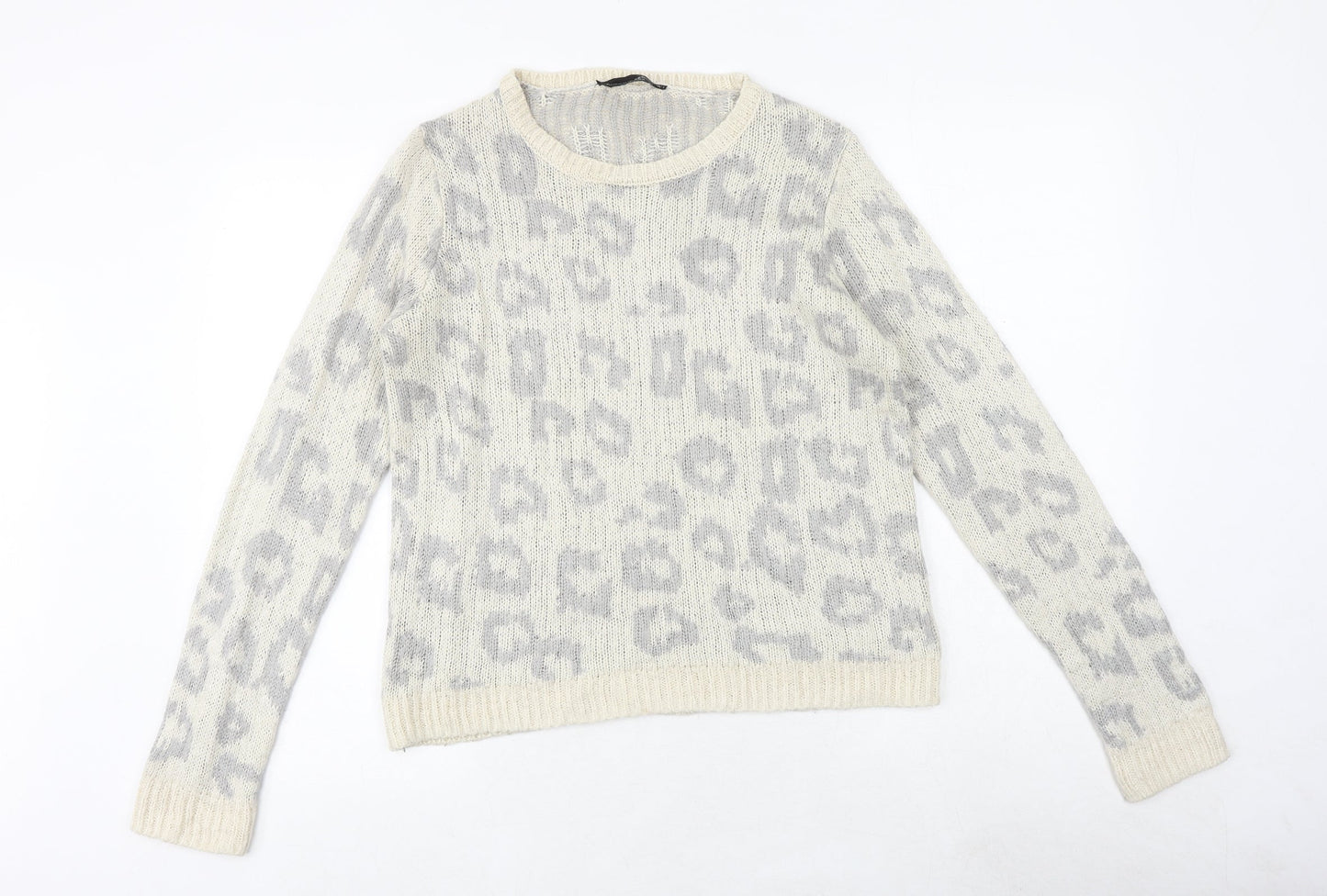 Dorothy Perkins Womens Beige Round Neck Animal Print Acrylic Pullover Jumper Size 10 - Leopard Pattern