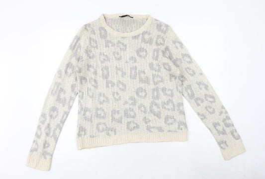 Dorothy Perkins Womens Beige Round Neck Animal Print Acrylic Pullover Jumper Size 10 - Leopard Pattern