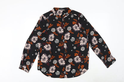 Marks & Spencer Womens Black Geometric Polyester Basic Button-Up Size 12 V-Neck