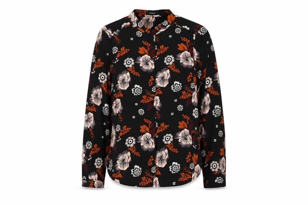 Marks & Spencer Womens Black Geometric Polyester Basic Button-Up Size 12 V-Neck