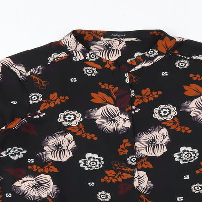 Marks & Spencer Womens Black Geometric Polyester Basic Button-Up Size 12 V-Neck