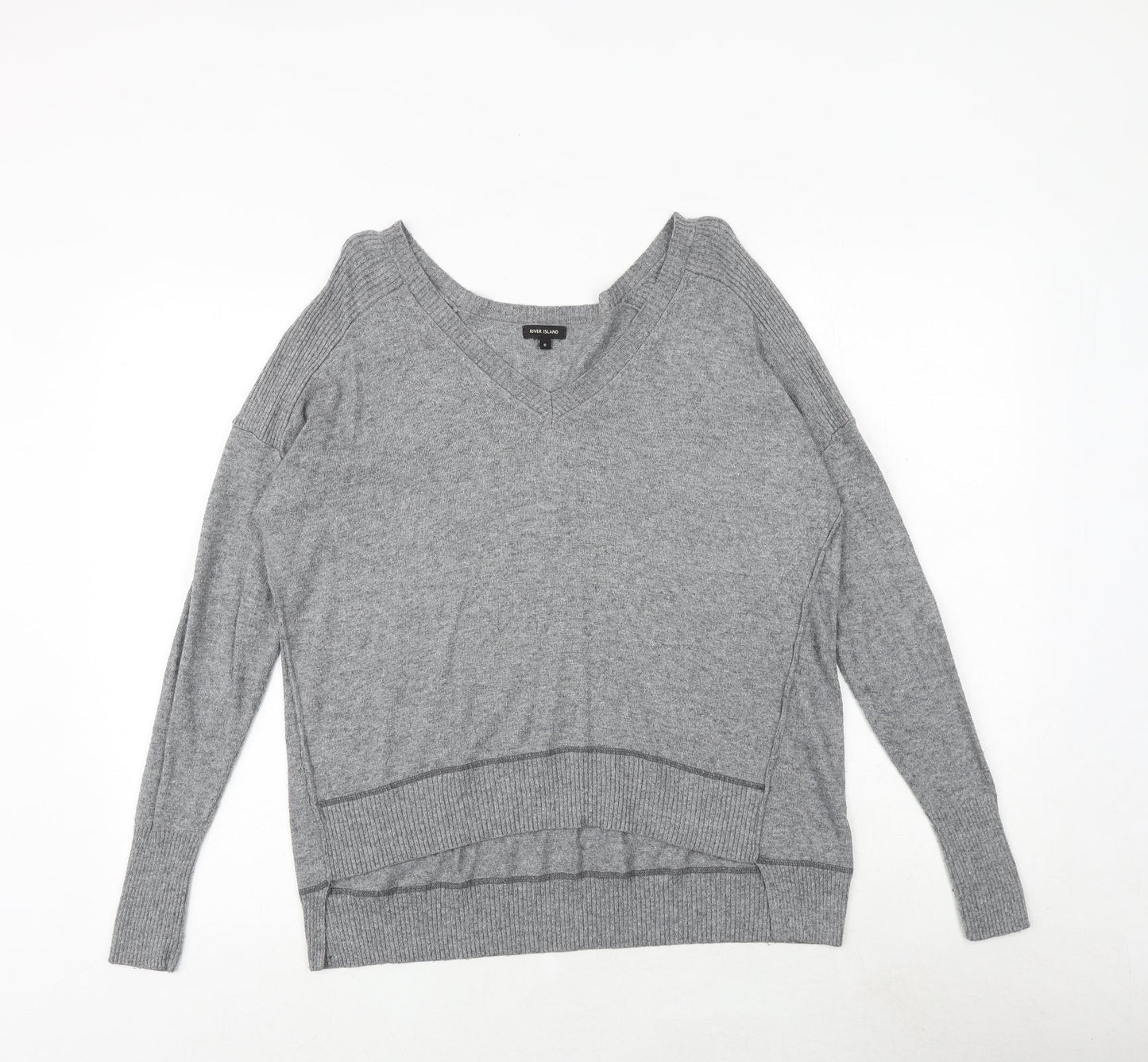 River Island Womens Grey V-Neck Viscose Pullover Jumper Size 8 - Elbow Patches