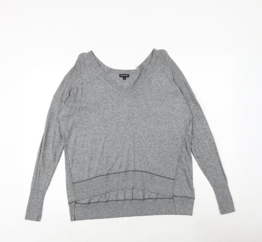 River Island Womens Grey V-Neck Viscose Pullover Jumper Size 8 - Elbow Patches