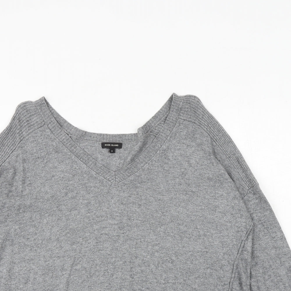 River Island Womens Grey V-Neck Viscose Pullover Jumper Size 8 - Elbow Patches