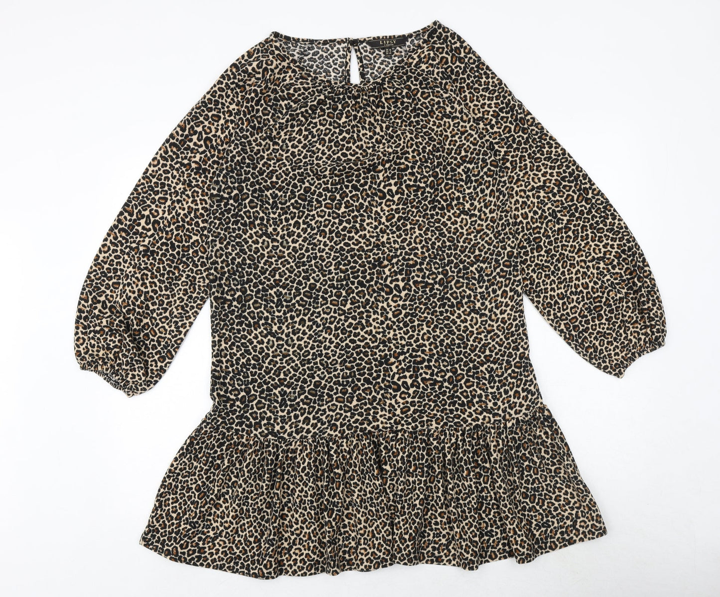Lipsy Womens Brown Animal Print Polyester Shift Size 10 Boat Neck Button - Leopard Print