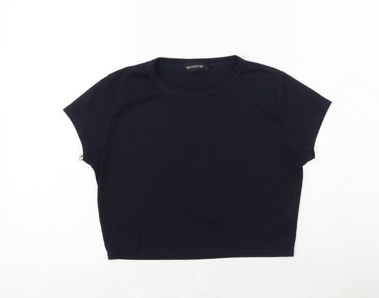 PRETTYLITTLETHING Womens Blue Polyester Cropped T-Shirt Size 14 Crew Neck
