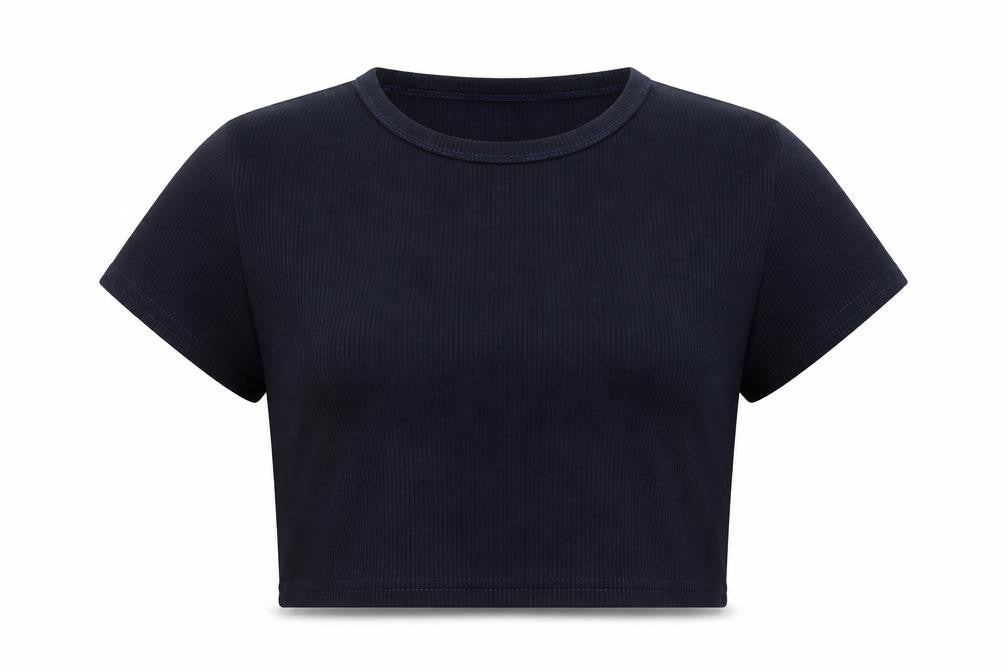 PRETTYLITTLETHING Womens Blue Polyester Cropped T-Shirt Size 14 Crew Neck