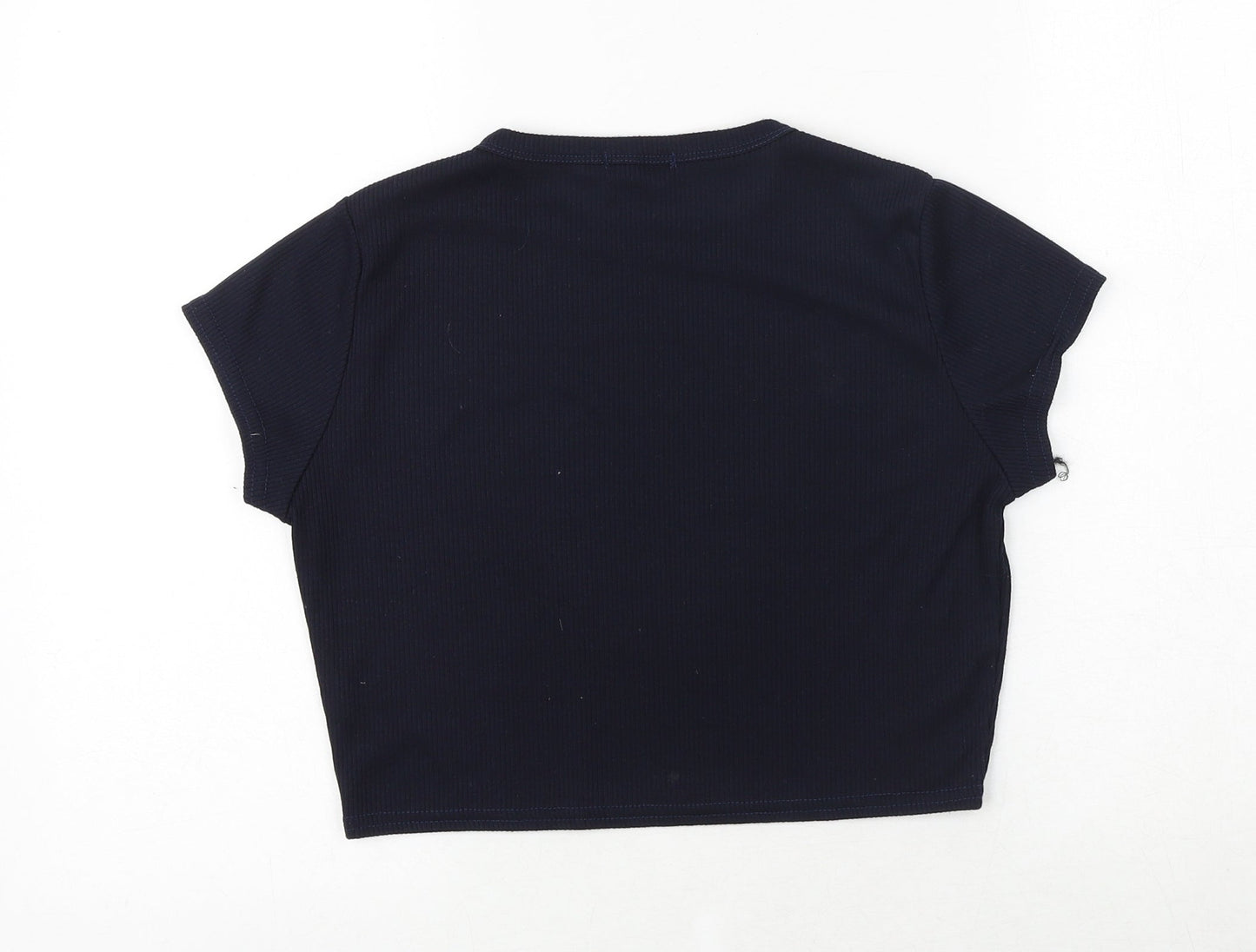 PRETTYLITTLETHING Womens Blue Polyester Cropped T-Shirt Size 14 Crew Neck