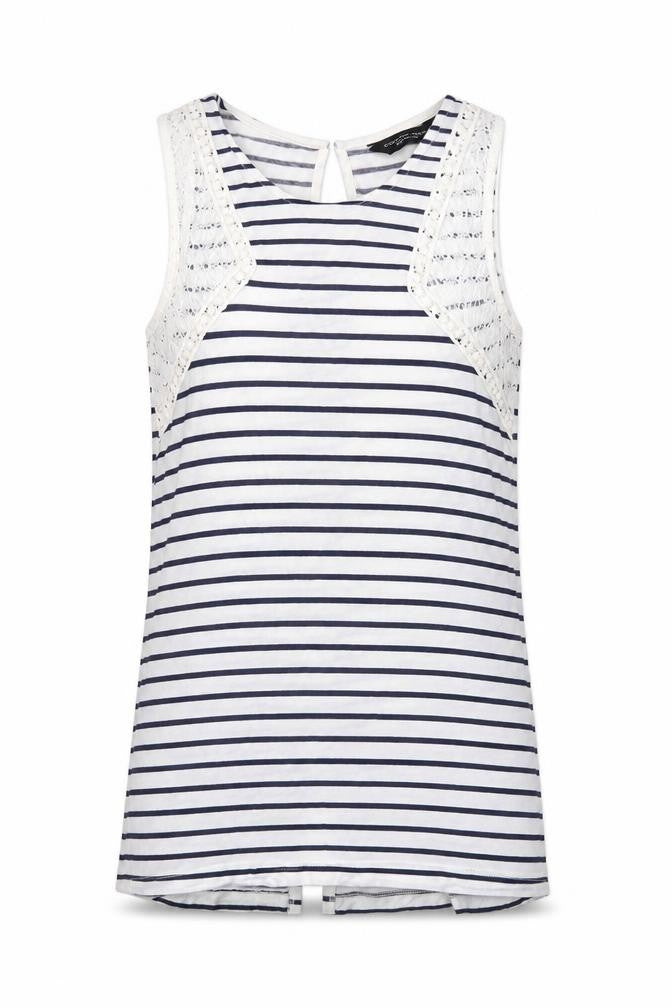 Dorothy Perkins Womens White Striped Polyester Basic Tank Size 10 Boat Neck - Crocheted Lace Detail