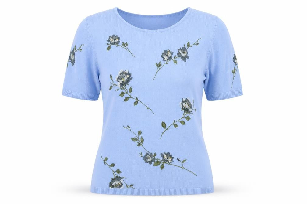 Opues Womens Blue Round Neck Floral Acrylic Pullover Jumper Size S