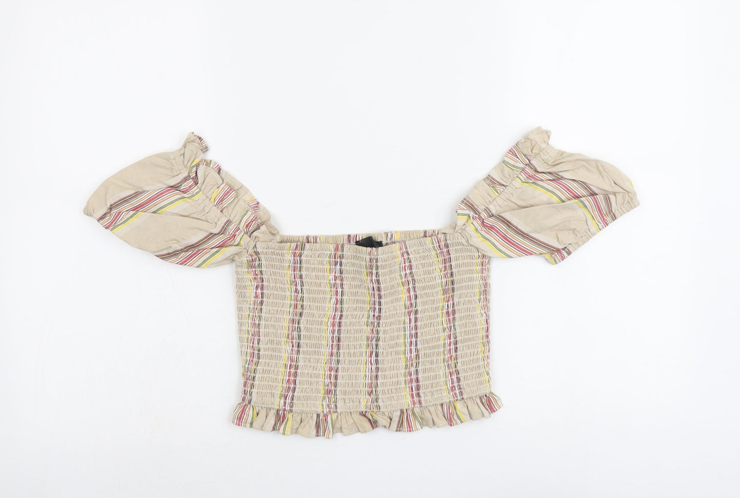 Missguided Womens Beige Striped Cotton Cropped Blouse Size 6 Square Neck