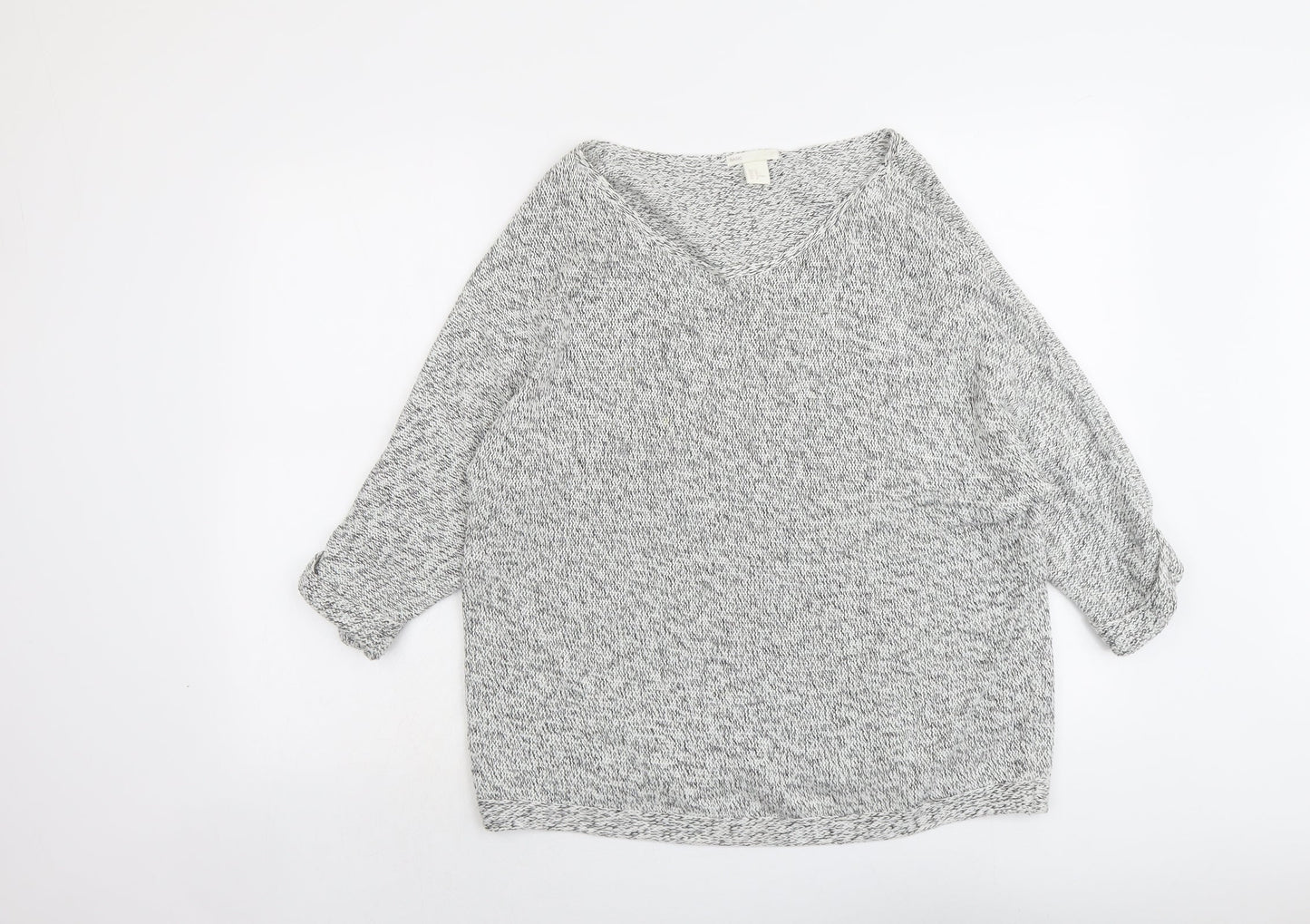 H&M Womens Grey V-Neck Cotton Pullover Jumper Size M