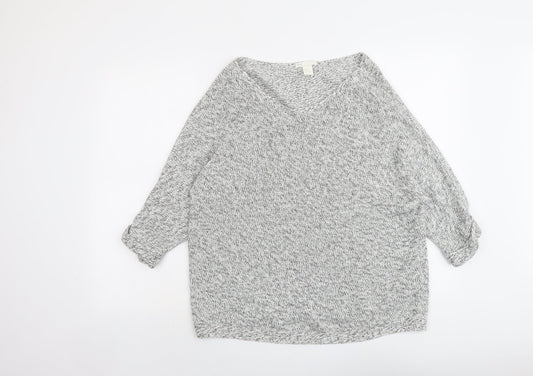 H&M Womens Grey V-Neck Cotton Pullover Jumper Size M