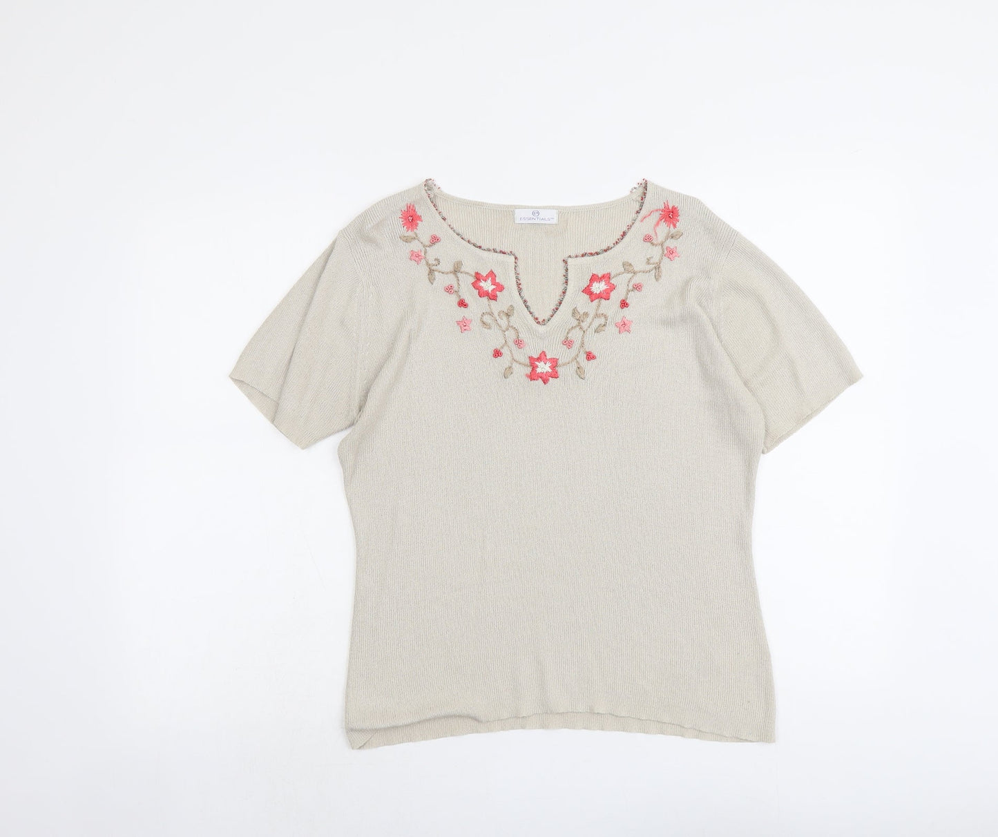Essentials Womens Beige V-Neck Floral Acrylic Henley Jumper Size 14