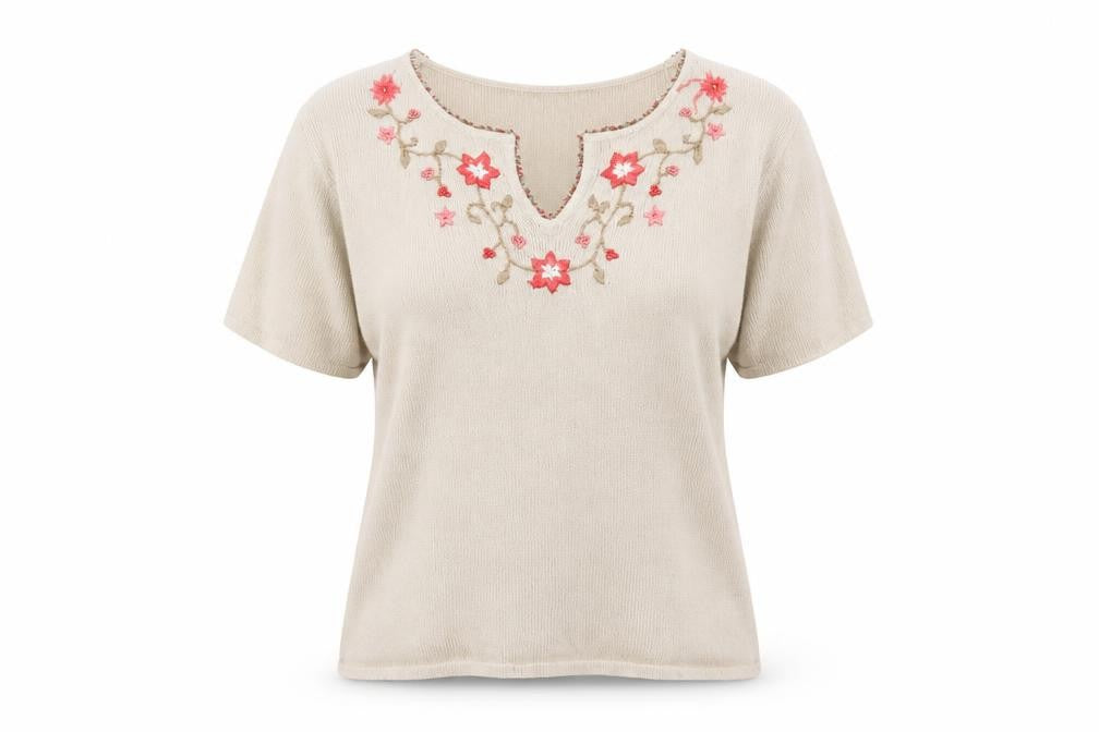 Essentials Womens Beige V-Neck Floral Acrylic Henley Jumper Size 14