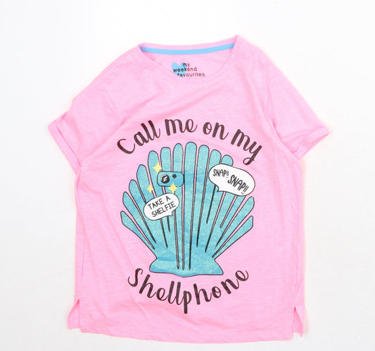 My Weekend Favourites Womens Pink Cotton Basic T-Shirt Size 10 Round Neck - Call Me On My Shellphone