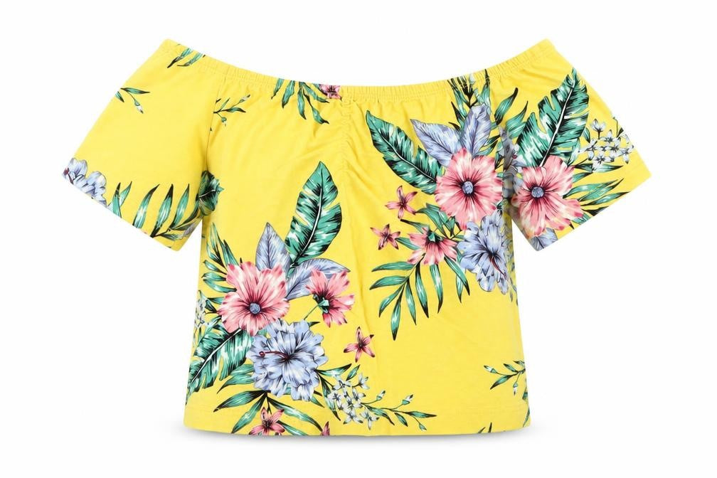Select Girls Yellow Floral Viscose Basic T-Shirt Size 10-11 Years Off the Shoulder Pullover