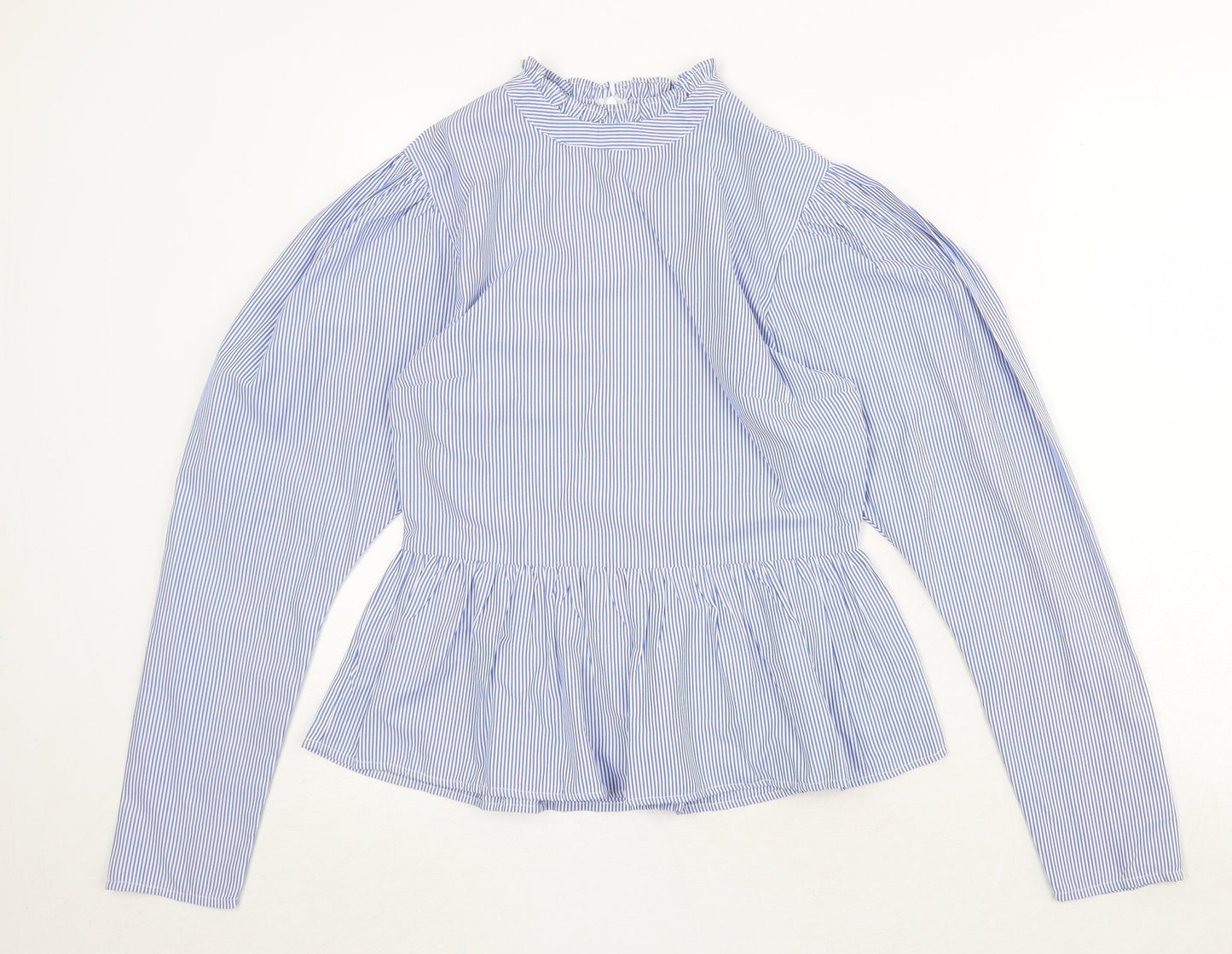 New Look Womens Blue Striped Polyester Basic Blouse Size 8 Mock Neck - Peplum
