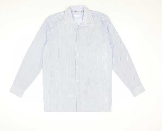 Denby Dale Mens Blue Striped Polyester Button-Up Size 14 Collared Button