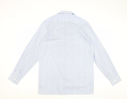 Denby Dale Mens Blue Striped Polyester Button-Up Size 14 Collared Button