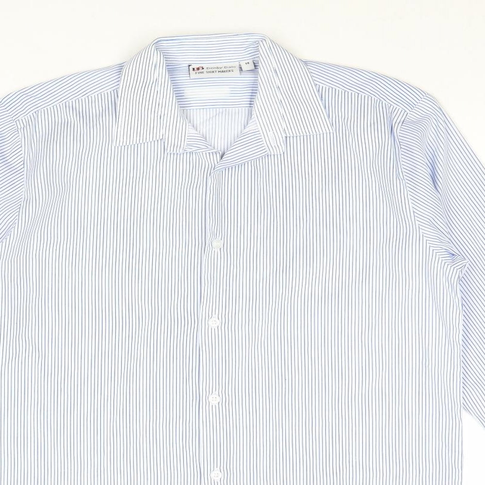Denby Dale Mens Blue Striped Polyester Button-Up Size 14 Collared Button