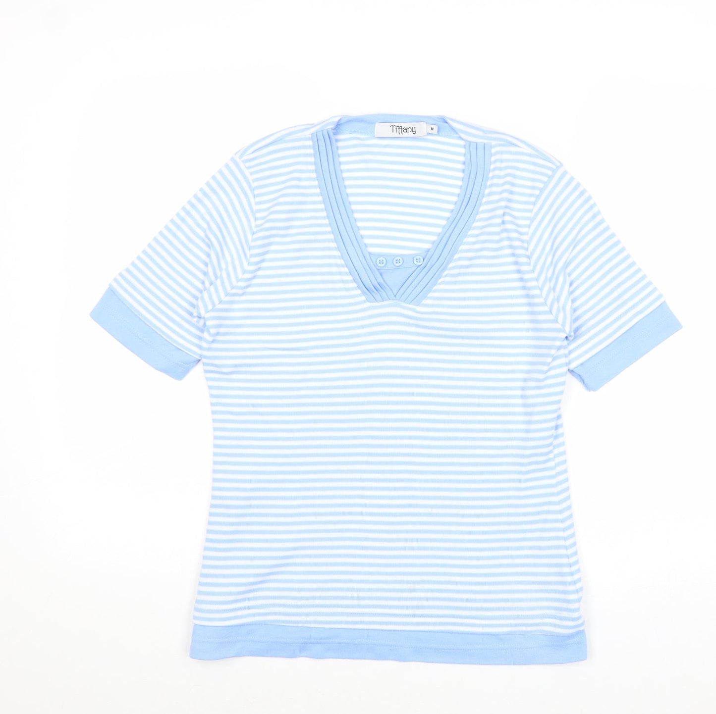 Tiffany Womens Blue Striped Polyester Basic T-Shirt Size M V-Neck