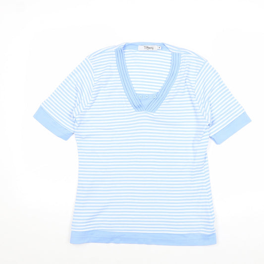 Tiffany Womens Blue Striped Polyester Basic T-Shirt Size M V-Neck