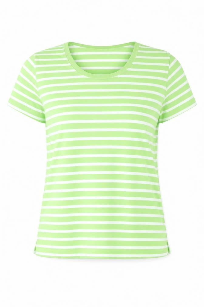 //text.. Womens Green Striped Polyester Basic T-Shirt Size L Round Neck