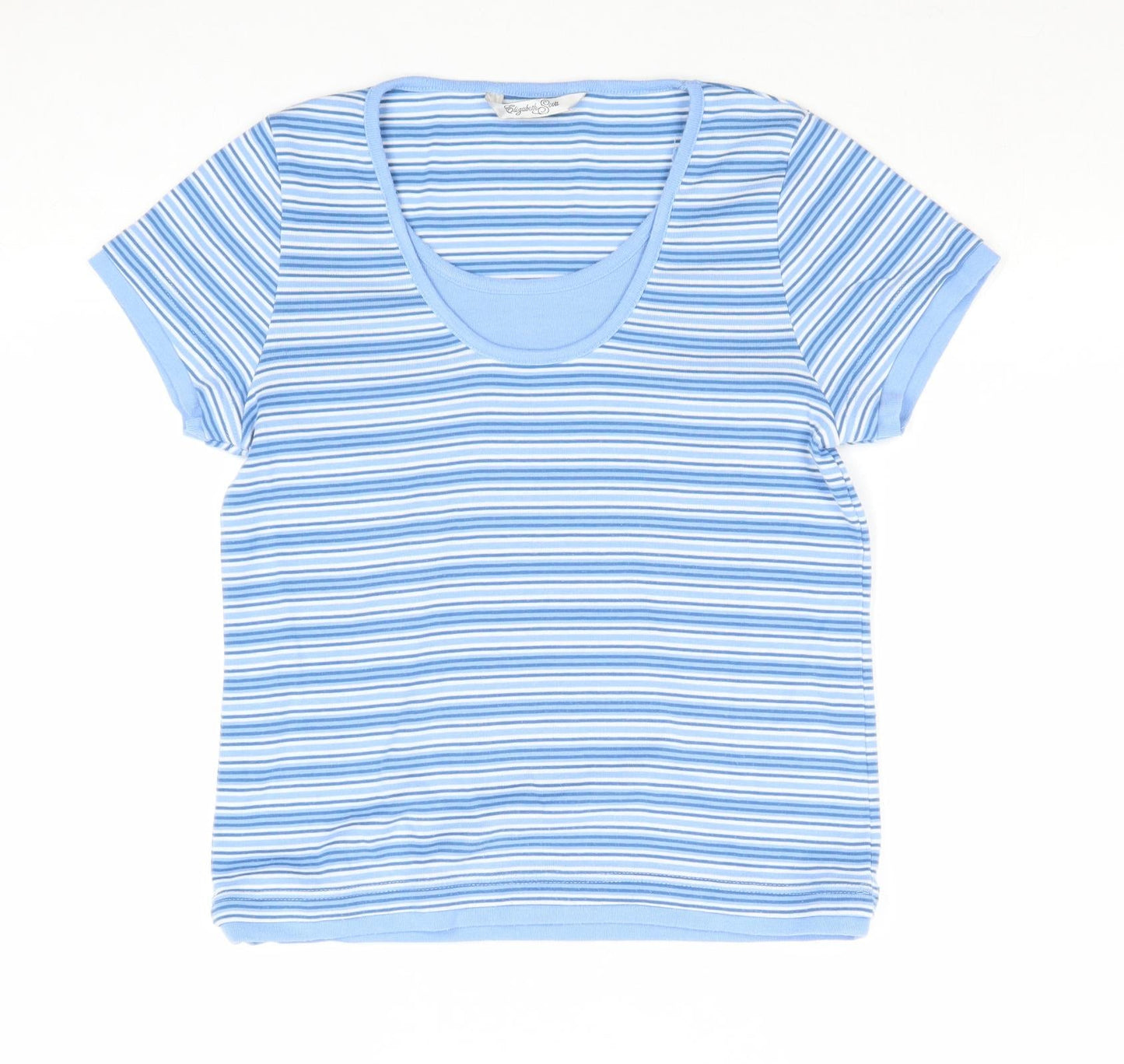 Elizabeth Scott Womens Blue Striped Polyester Basic T-Shirt Size S Scoop Neck