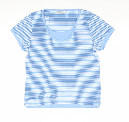 Elizabeth Scott Womens Blue Striped Polyester Basic T-Shirt Size S Scoop Neck