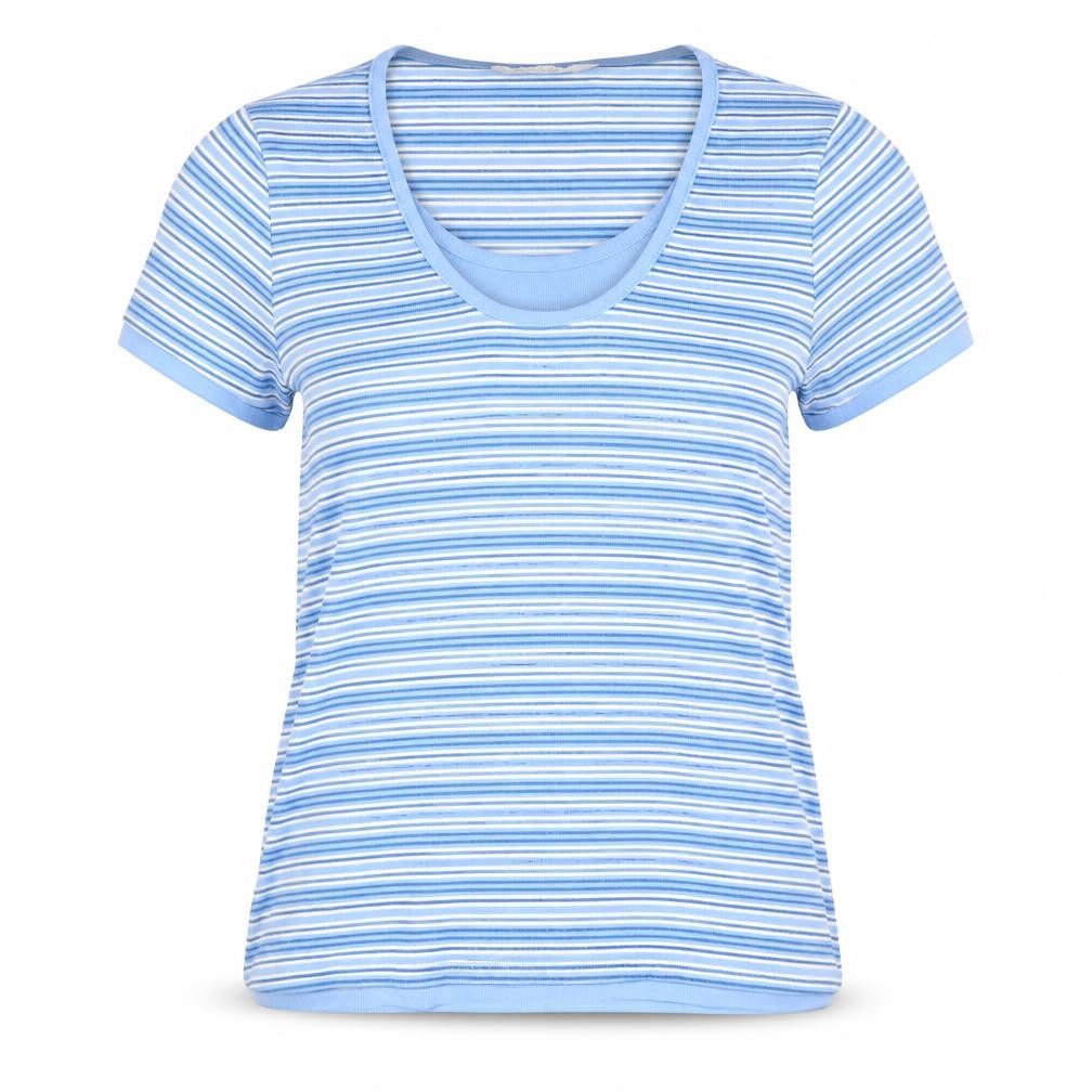 Elizabeth Scott Womens Blue Striped Polyester Basic T-Shirt Size S Scoop Neck