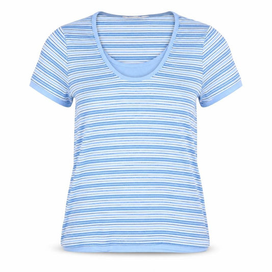 Elizabeth Scott Womens Blue Striped Polyester Basic T-Shirt Size S Scoop Neck
