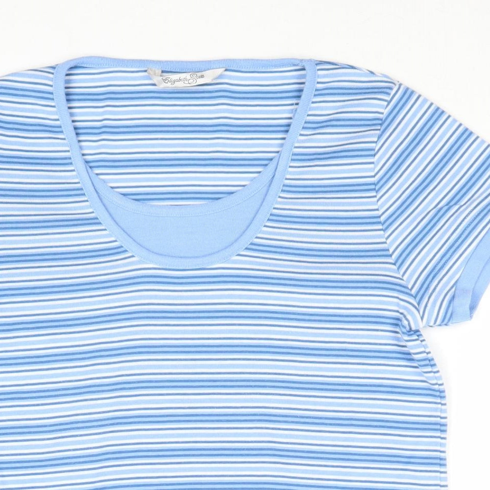 Elizabeth Scott Womens Blue Striped Polyester Basic T-Shirt Size S Scoop Neck