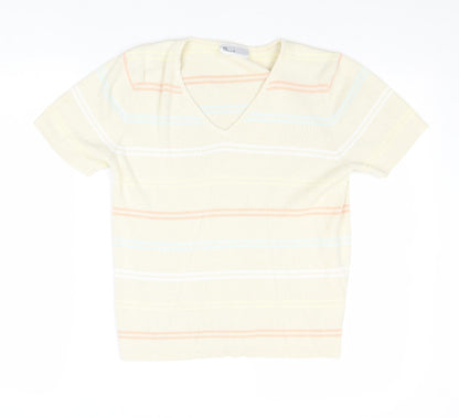 BHS Womens Beige V-Neck Striped Cotton Pullover Jumper Size 14